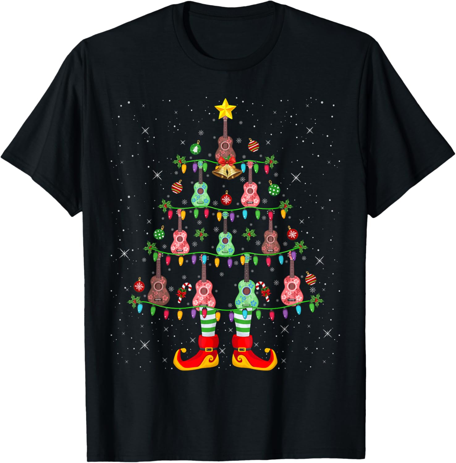 Xmas Holiday Santa Lights Ukulele Christmas Tree T-Shirt - Image 2
